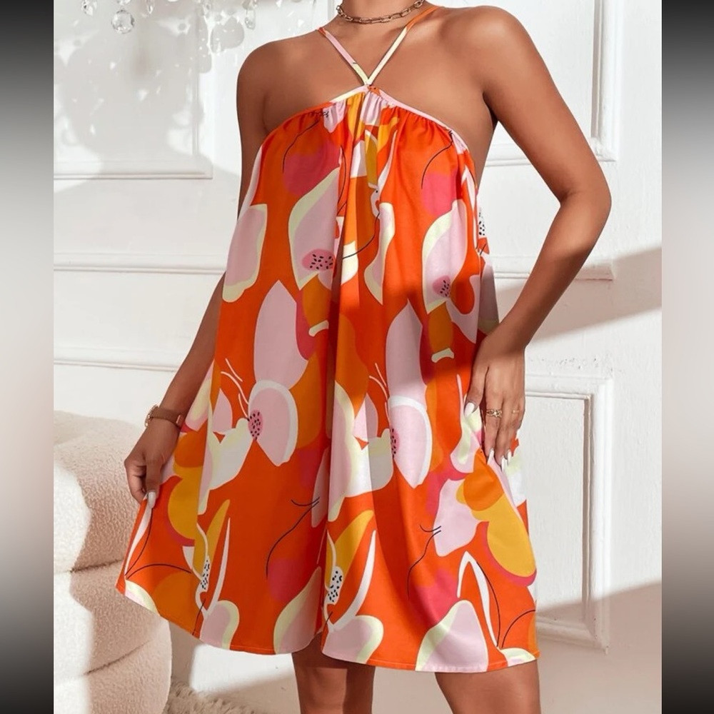 Boho Abstract Print Halter Dress Red - Picture 4 of 6